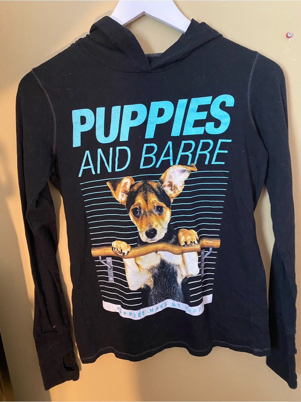 Puppies and Barre Black Hoodie with Teal Print, Size Small
